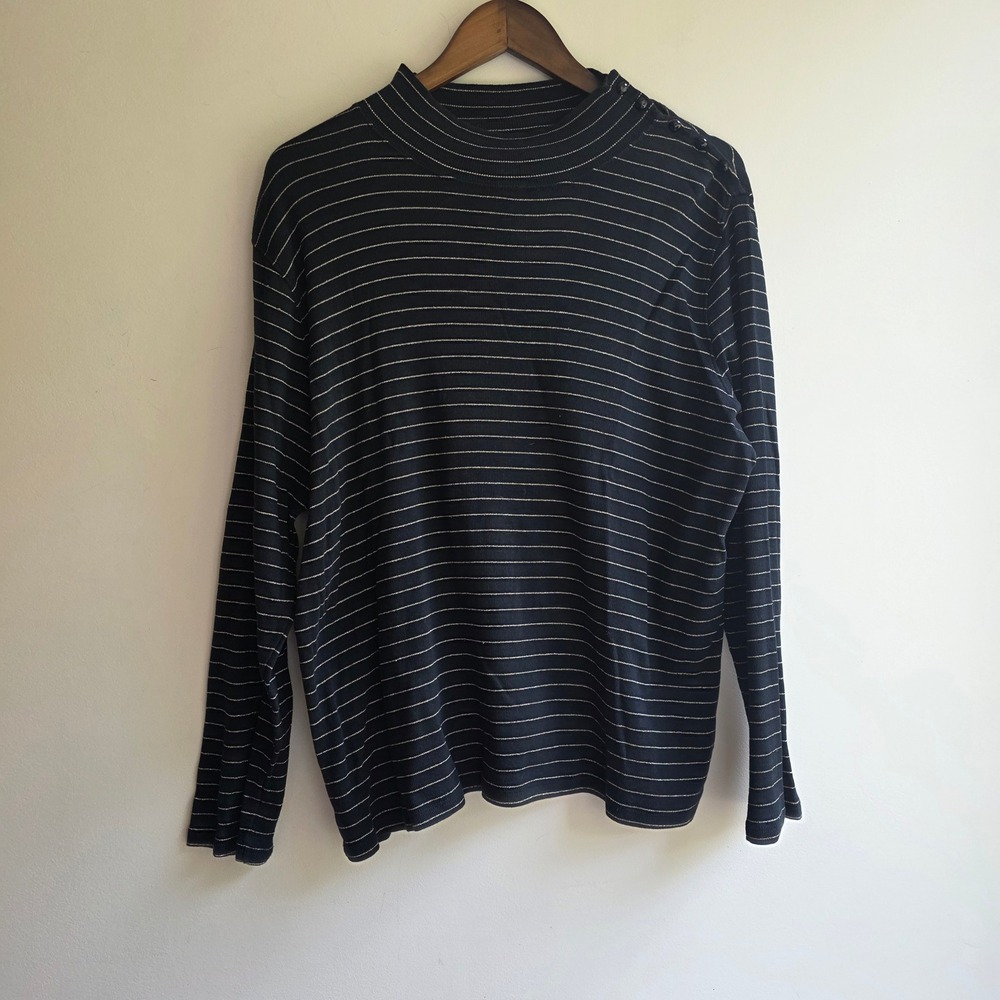 Lauren Ralph Lauren Black Gold Striped Mock Neck Pima Cotton Ribbed Top 2X